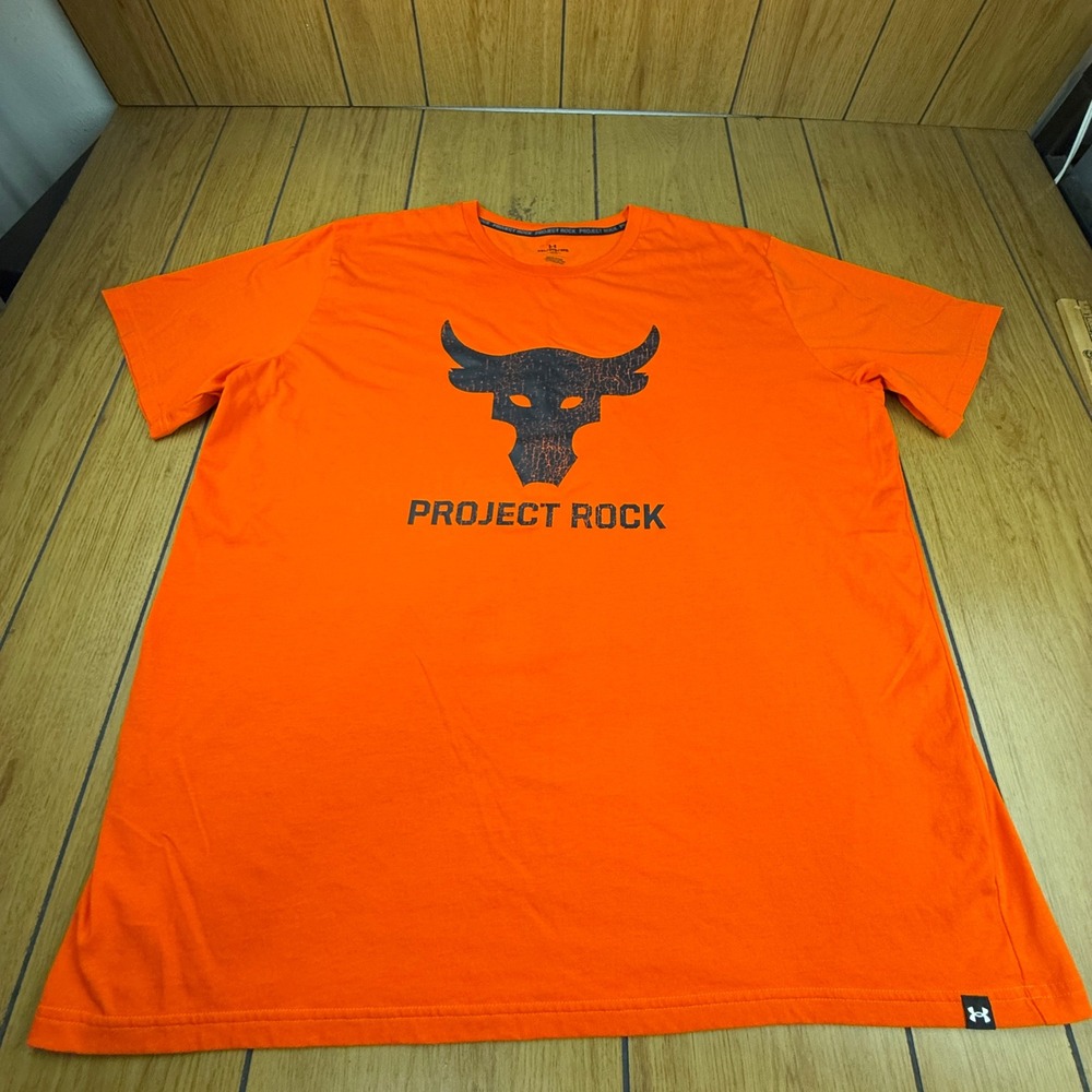 Under Armour Project Rock Mens 3XL Orange Brahma Bull Graphic T-Shirt Loose Fit